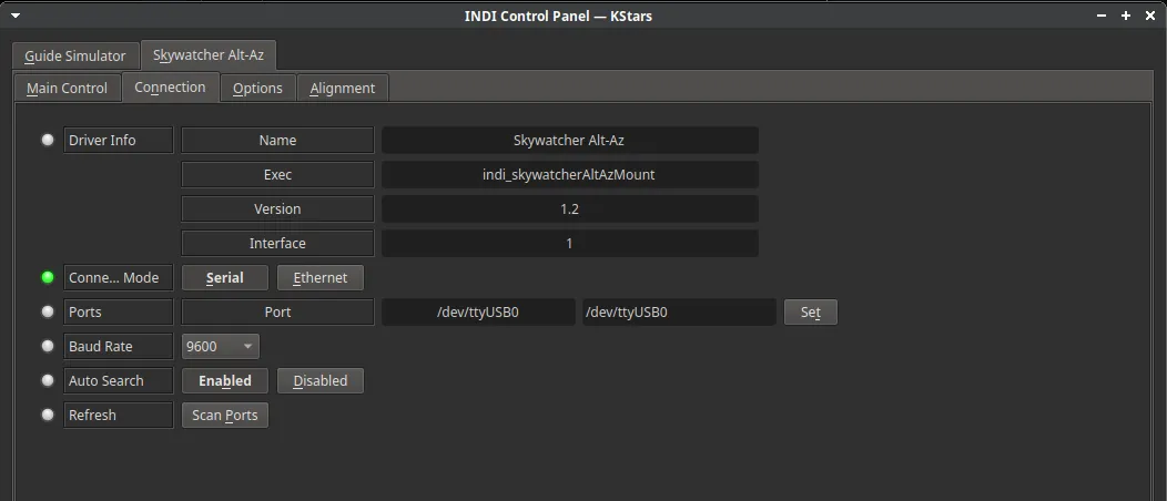 SkyWatcherAltAzMount INDI Connection USB Panel