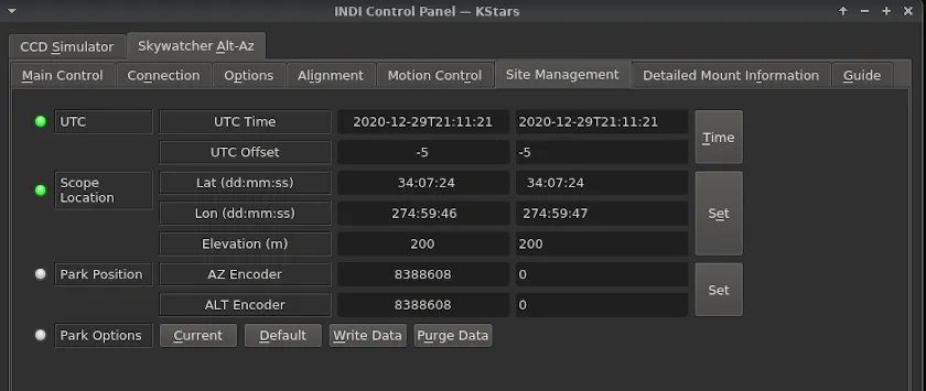 SkyWatcherAltAzMount INDI Site Management Tab