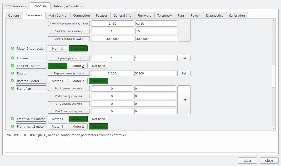 The assignment on the Parameters tab: the focuser on motor 1, the flap on motor 2, no rotator