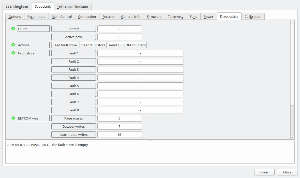 The Diagnostics tab, with an empty fault store and the EEPROM wear counters