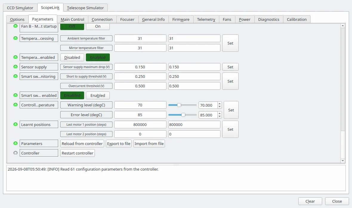 The bottom of the Parameters tab: the file actions, and the restart an assignment needs