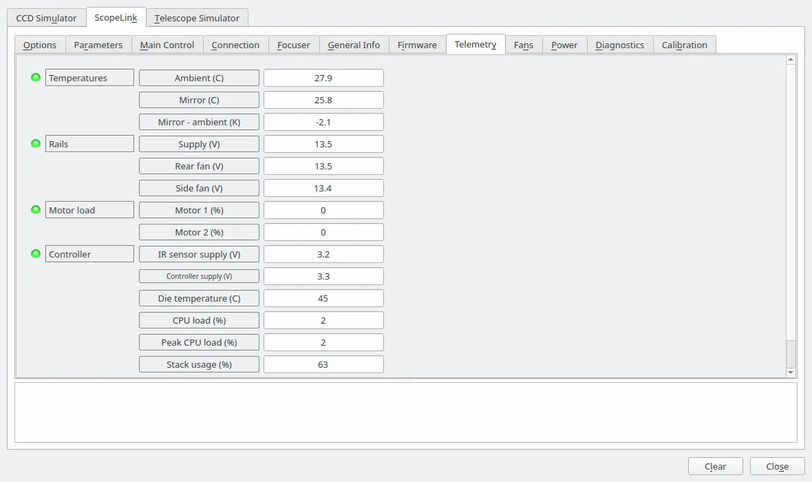The Telemetry tab with controller diagnostics enabled